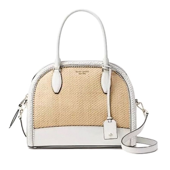 KATE SPADE White Leather Rattan Two Top Handle Tote Zipper Closure Crossbody Bag - Picture 17 of 17